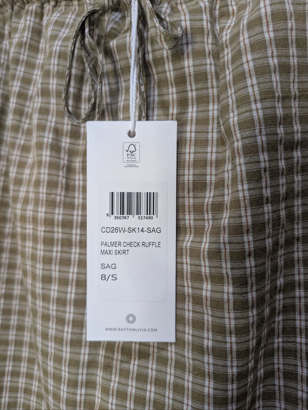 Rhythm Palmer Check Plaid Ruffle Maxi Skirt Sage Green Fall Cotton Small NWT - Picture 6 of 7